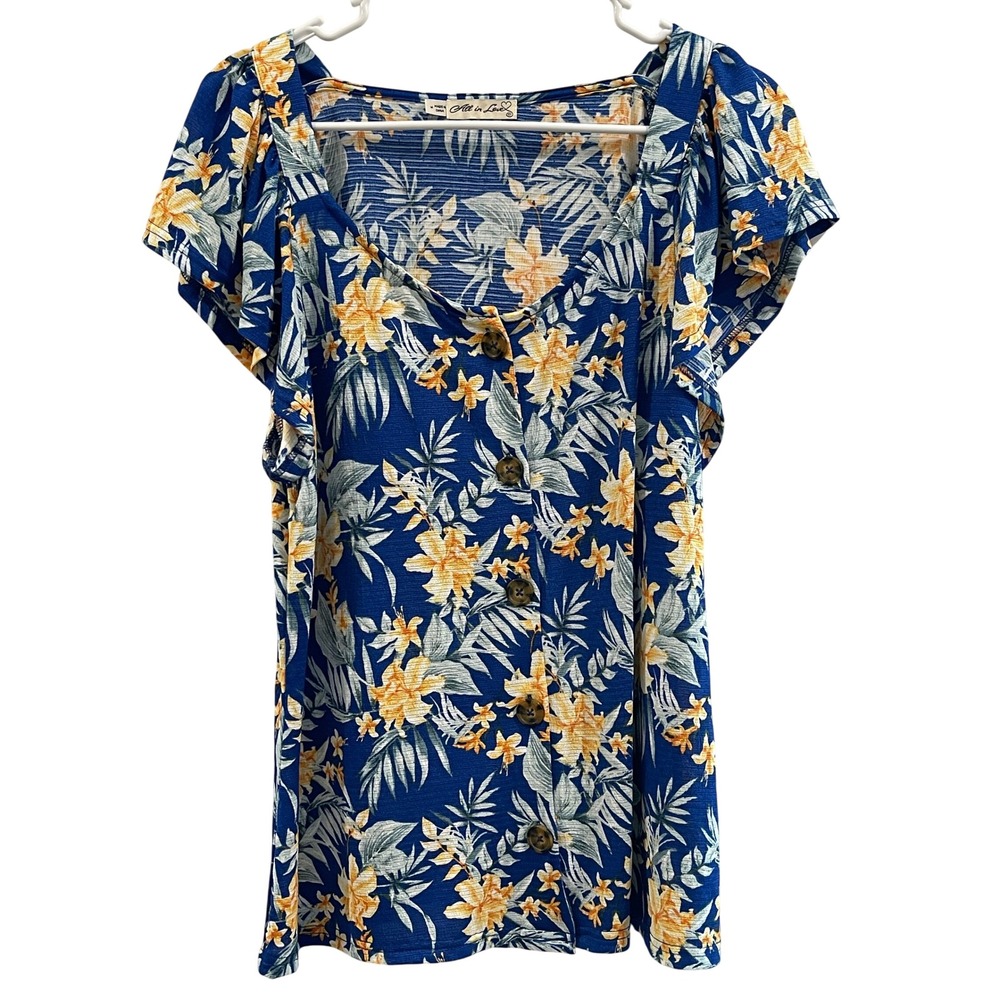 00119 - All in Love Women M Blue Floral Button Blouse Ruffle Sleeves Cottagecore